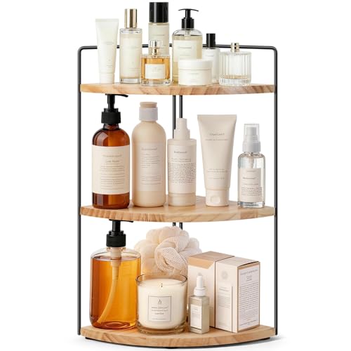 srmxllsy 3 Tier Corner Bathroom Counter Organizer Solid Wood + Metal Stand Bathroom Countertop Organizer for Skincare Makeup & Vanity Space-Saving Rustic Storage for Sink Kitchen & Bathroom