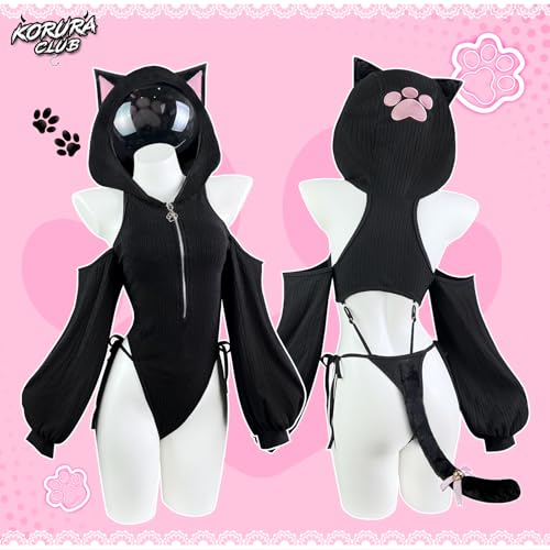 KORURACLUB Sexy cat maid outfit womens lingerie set kitten cat claw cosplay Sexy Sweater lingerie animal cosplay lingerie (Black, XS-M)