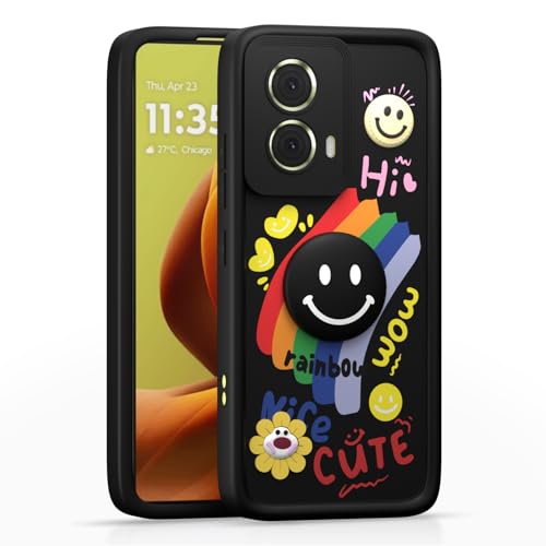 Image of Pikkme Back Cover for Motorola Moto G85 5G | Soft Silicone| Cute Rainbow Smile & 3D Cartoon Flower Design | Shockproof Raised Camera Protection Bumper Case (Black)