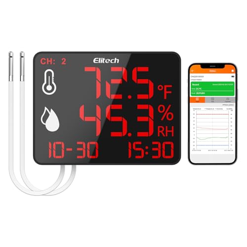 Image of Elitech Bluetooth Hygrometer Thermometer Reusable Temperature Recorder Data Logger with Large Screen Data Storage Export, DR-230-THDE with Dual External Temperature and Humidity Sensor