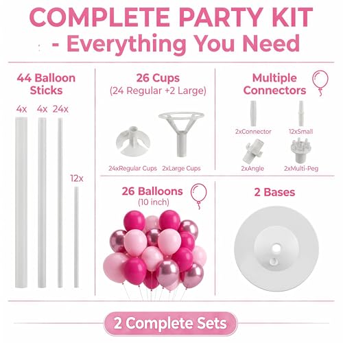 Image of Pink Balloon Column Kit Floor Set of 2-Balloon Tower Stand Sticks with Water Base&Pole,Balloon Pillar Backdrop For Baby Shower Graduation Retirement Engagement Tea Casino Party Decor