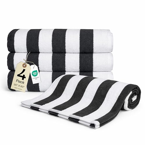 Salt Earth Cotton Striped Beach Cabana Towel 4 Pack - 30x60 Quick Dry Towels Pool Essentials Travel Gym & Bathroom Towels Oversized Beach Vacation EssentialsSteel Grey