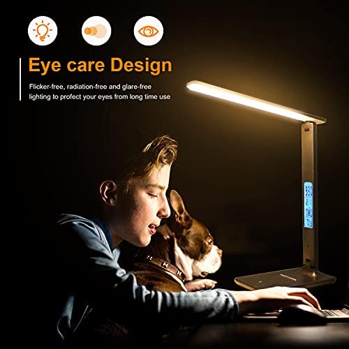 Desk Lamp LED Desk Light, Smart Features(Clock, Alarm, Date, Temperature)-Adjustable, Foldable Touch Table Lamp - 3 Levels of Dimmable Lighting - Suitable for Office, Bedroom, Study