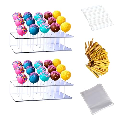 Aongch 2PCS Cake Pop Display Stand with 300 PCS Cake Pop Sticks and Wrappers Kit, 15 Hole Clear Acrylic Lollipop Holder for Weddings Birthday Parties Halloween Candy Decorative