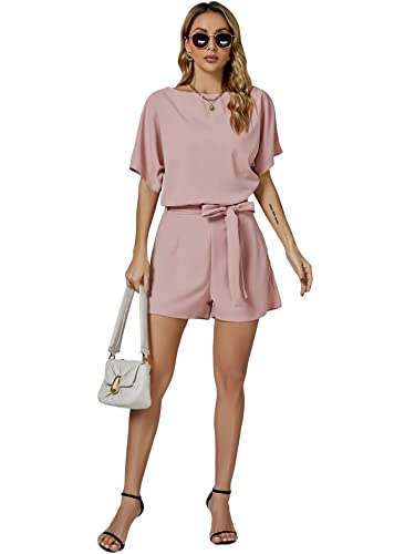 Umenlele Women’s Casual Crew Neck Tie Knot Waist Belted Short Sleeve Romper Jumpsuit Playsuit Light Pink Small #TOP5