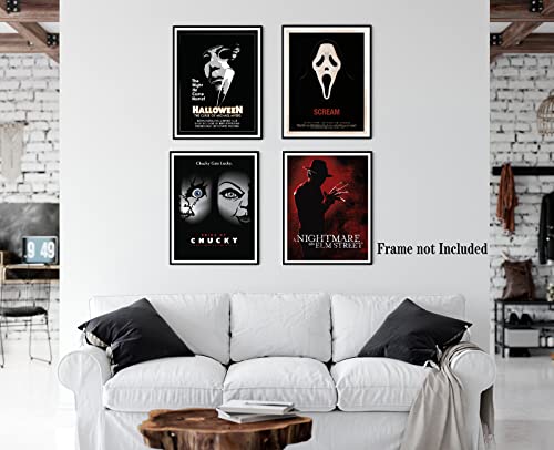 Horror Movie Poster Set Of 4, 70S-90S Classic Scary Movie Canvas Wall Art Prints Vintage Horror Character Halloween Decor Painting For Living Room Bedroom Dorm 8X10In Unframed #TOP1