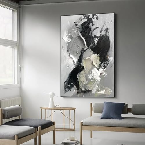 Décoration maison moderne grand format 90x140 cm peinture abstraite gris et noir