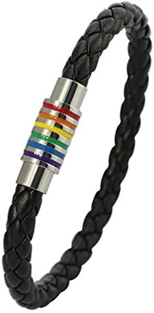 INRENG Leather Braided Lgbt Rainbow Bracelet Stainless Steel Magnetic Bangle Gay & Lesbian Pride Black Silver 210MM