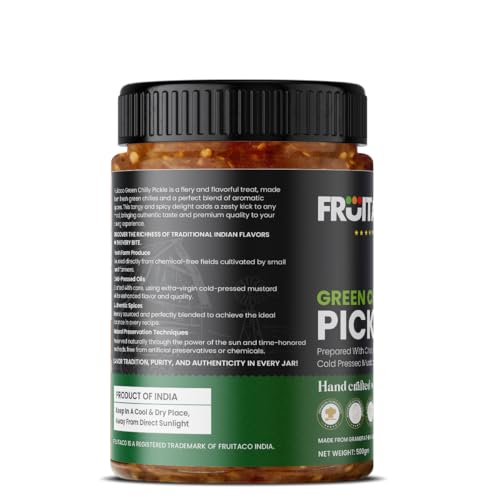 Image of Fruitaco Green Chilli Pickle - Authentic Indian Pickle with Tangy and Spicy Flavor | Perfect Side for Meal (500 Gm, Green Chilli Pickle)