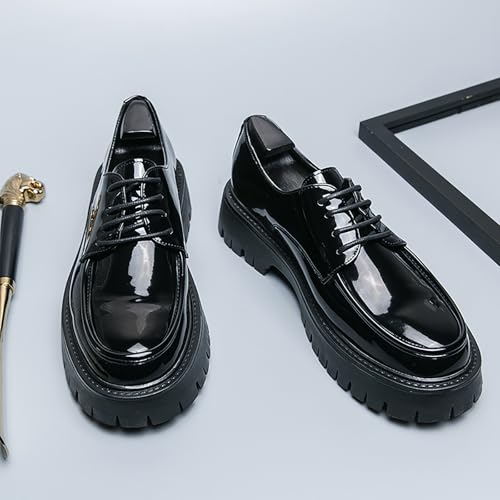 Men's Patent Leather Lace Up Platform Oxfords Round Toe Lug Sole Non Slip Derby Shoes Casual Heightening Soft Bottom Dress Shoes2
