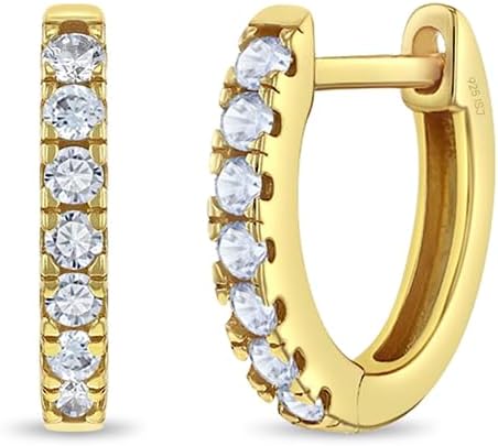925 Sterling Silver Yellow Gold Flashed Classic Clear Cubic Zirconia Hoop Huggie Earrings for Young Girls - Small Hoop Earrings for Young Girls and Pre-teens