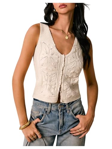 Verdusa Women's V Neck Button Down Sweater Vest Sleeveless Lightweight Tank Top Knitwear