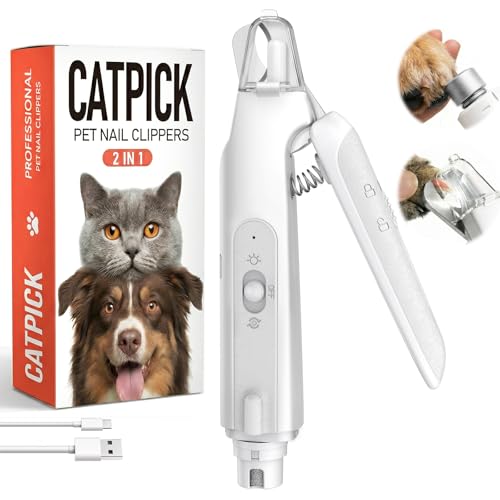 2-in-1 Dog & Cat Nail Clipper with Grinder - Dual Highlight LED Reduce Over-Trimming, Long Battery Cordless USB-C Rechargeable, Safety Lock & Catcher Cap, Quiet Home Grooming for Small Large Pets