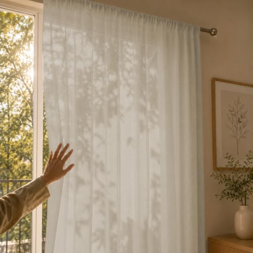 Image of LINENWALAS Aesthetic Sheer Curtains 5 Feet Long Set of 2, Poly Linen Shrink & Fade Proof Drapes for Window, Semi Transparent Modern Panels with Rod Pocket Hanging for Living Room (Mocha /5 Feet)