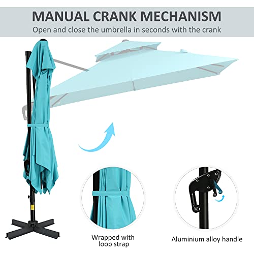 Outsunny 10Ft Offset Patio Umbrella With Base, Double Top Hanging Aluminum Cantilever Umbrella With 360-Degree Rotation, Easy Tilt, 8 Ribs, Crank, Cross Base, Cover, Strap, Light Blue #TOP6