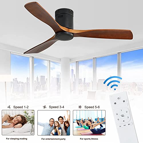 Caci Mall 52" Ceiling Fan Without Lights Remote Control, Low Profile Flush Mount Ceiling Fan 3 Walnut Wood Ceiling Fan Reversible Etl Dc Motor #TOP5