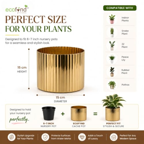 Image of ecofynd 1 Pack Metal Plant Pots (6 inch), Indoor Small Planter Flower Pots, Home Garden Decor Planter for Living Room Bedroom Interior (Gold Finish, POT048)