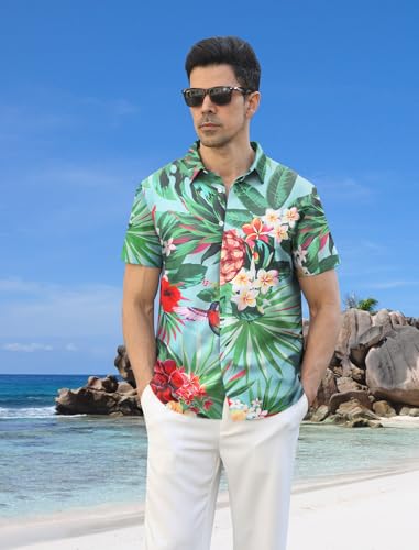 Rioofinx Hawaiian Shirt for Men Short Sleeve Button Down Shirt Casual Tropical Beach Hidden Button Shirts Green Floral Rioofinx Hawaiian Shirt for Men Short Sleeve Button Down Shirt Casual Tropical Beach Hidden Button Shirts Green Floral - Image 3