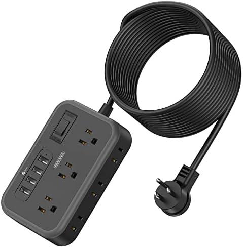 Flat Plug Extension Cord 25 Ft, NTONPOWER 6 Widely Spaced Outlet(2 Side) Power Strip with 4 USB Port, Overload Protection, Wall Mount Charging Station for Home Office, Dorm Room and Nightstand, Black…