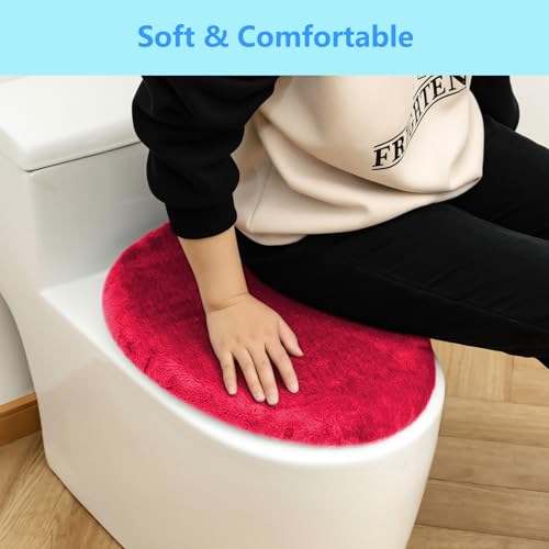 Soft Plush Toilet Lid Cover for Bathroom, Machine Washable Toilet Seat Covers, Fits Most Round Elongated and Oblong Lids, Easy Installation& Cleaning (Red) - Thumbnail 4