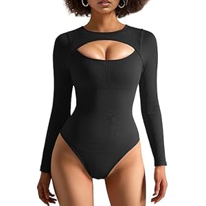 OMKAGI Cutout Body Suits for Womens Long Sleeve Ribbed Crew Neck Tops Bodysuits