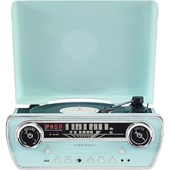 Crosley CR6047A-AB Powel 7-in-1 Bluetooth in/Out Vinyl Record Player with AM/FM Radio, CD Player, and Aux-in, Aqua Blue - Les Beatles, Paul McCartney, John Lennon, RIngo Starr, George Harrison