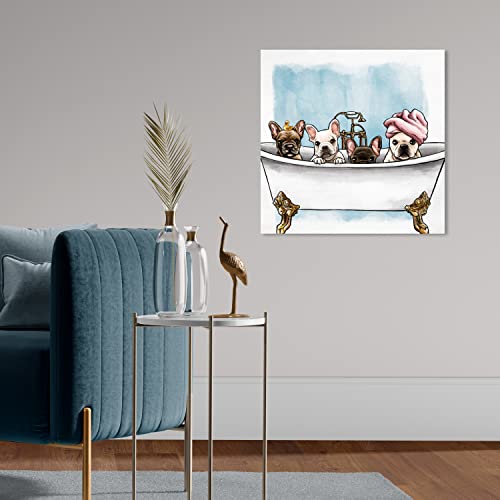 The Oliver Gal Artist Co. Animals Modern Canvas Art - Frenchies In The Tub, Wall Art for Living Room, Bedroom, and Bathroom, 20 in x 20, White and Blue Home Decor by The Oliver Gal Artist Co. - Used condition - Image 3