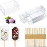 DOERDO DD 75Pieces Clear Popsicle Cakesicle Boxes Set, Include Transparent PET Ice Cream Box and 50Pieces Wooden Popsicle Sticks for Kitchen Baking Baby Shower Wedding, Kids Birthday Party Favors