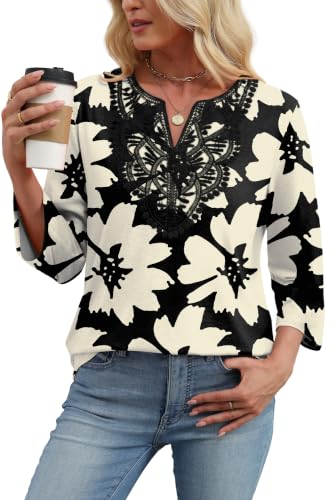 Image of WIHOLL 3 /4 Length Sleeve Womens Tops Boho V Neck Lace Shirt Trendy Blouses Dressy Casual Vacation Clothes S-3XL