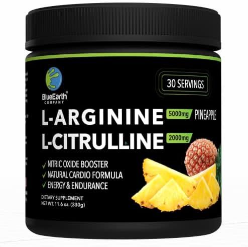 BlueEarth Company L-Arginine 5000mg + L-Citrulline 2000mg Complex Powder Supplement - Nitric Oxide Booster - Energy & Endurance - Pineapple Flavored - 330g