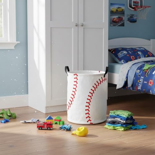 Image of Baby Laundry Basket Baby Nursery Hamper Kids Laundry Basket Toy Storage Bin for Boys Room Decor Gift Baskets for Bedroom Bathroom(Baseball)