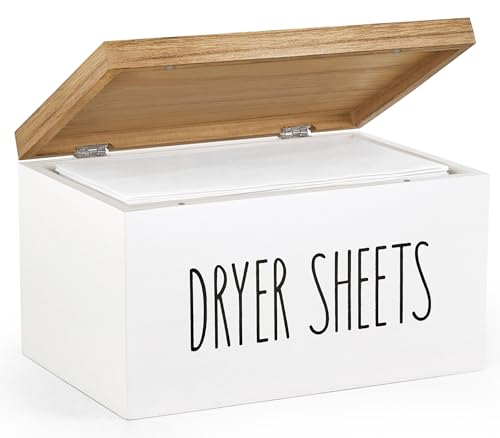 Dahey Dryer Sheet Holder with Lid Wooden Laundry Sheet Container Dispenser for Farmhouse Laundry Room Organization Decor Versatile Storage Box for Softener Pods and Accessories White