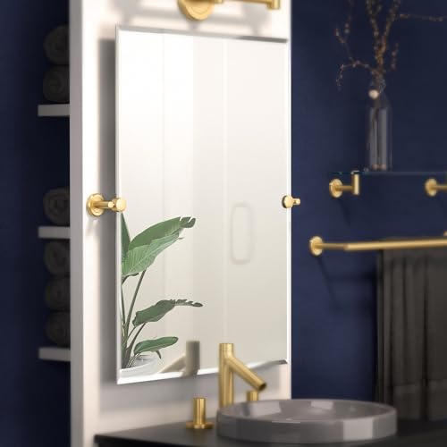 Image of Gatco 4239S Latitude II Frameless Rectangle Tilting Bathroom Vanity Mirror, Wall Mounted Pivot Adjustable Mirror, Beveled Edge Modern Mirror, 31.5 inch x 27.5 inch Brushed Brass Wall Mirror