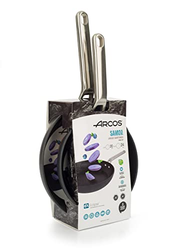 Arcos Serie Samoa | Lote de Sartenes 20 y 24 cm | Aluminio Forjado | Full Induction | Mango Acero Inoxidable Efecto Frio | Sistema ahorro energético | Apta lavavajillas | Color Negro