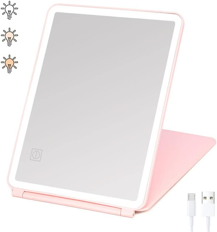 mlogiroa Rechargeable Makeup Mirror with 82 LED Lights 11”Travel Makeup Mirror with 3 Color Modes Portable LED Lighted Travel Vanity Makeup Mirror Touch Screen Dimming Folding Cosmetic Travel Mirror
