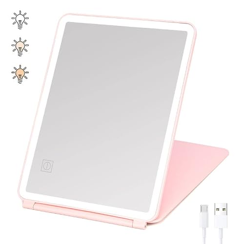 Mlogiroa Rechargeable Makeup Mirror With 82 Led Lights 11''Travel Makeup Mirror With 3 Color Modes Portable Led Lighted Travel Vanity Makeup Mirror Touch Screen Dimming Folding Cosmetic Travel Mirror #TOP18