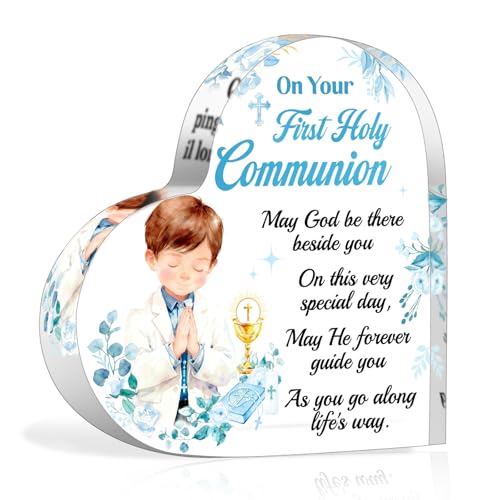 HOWAF First Holy Communion Gifts for Boys Heart-Shaped Acrylic Plaque Keepsake for Table Decorations 1st Holy Communion Gifts for Boys Godson Son Grandson