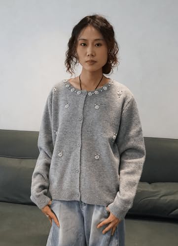 Women's Knit Hand-Stapled Pearl Diamante Flower Embellished Cardigan with Button Closure and Crystal Flower Details4