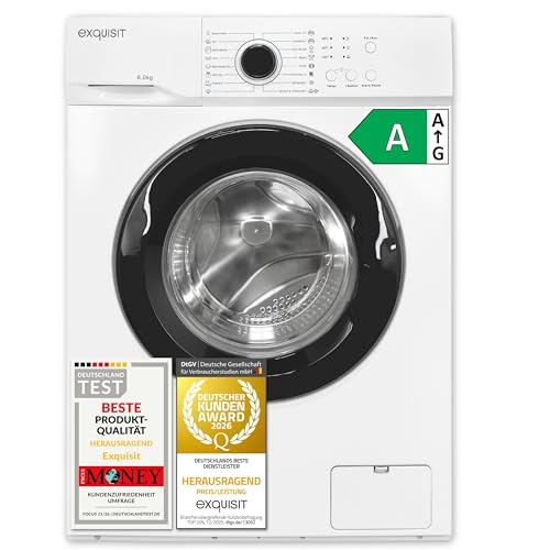 Exquisit Waschmaschine 6 kg – Kleine Waschmaschine mit Energieklasse A, 16 Programme, Aquastop, 1 000 U/min, 44 cm Tiefe, WA56110-020A Weiss
