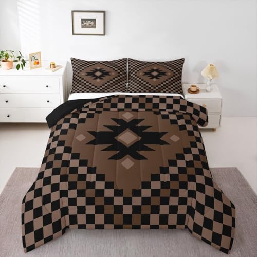 Image of Feelyou Aztec Comforter Set Full Size Brown Black Checkered Bedding Set for Kids Boys Girls Boho Western Decor Duvet Quilt Farmhouse Bedroom Decor Microfiber 3 Pcs with 2 Pillow Cases
