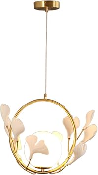 Brass Dining Room Pendant Light Ceramic Ginkgo Leaf Decor Light Fixture, Modern Glass Hanging Light Kitchen Island Pendant Light Fixture with Globe Shade, G9 Socket