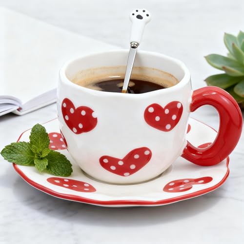Imagen de Disoza Juego De Tazas De Café Con Platillo Taza Corazones Rojos Regalos Para Mujeres Taza De Café Con Platillo 250 Ml Taza De Cerámica Regalo De Cumpleaños Para Mujeres Niña Mamá Novia