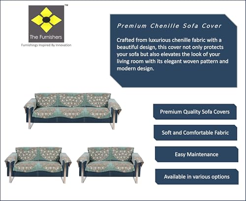 Image of Premium Chenille Woven Anti-Slip 7 Seater Sofa Cover with Arm Rest | L-Shape Sofa Seat Protector for Living Room | Durable & Stylish Slipcover - Teal Phoolkari