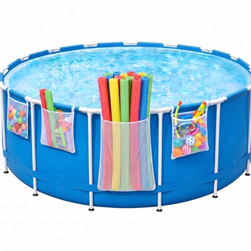Poolside Perfection! 4-Pack Poolside Mesh Storage Bags with Adjustable Straps, 1-Second Install Above Ground. Hanging Pool Organizer Bags for Toys, Pool Noodles, Floats, Beach Balls