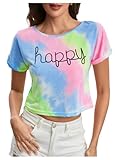 SweatyRocks Womens Tie Dye Letter Print Crop Top T Shirt,Muiticolor 1,Large =M