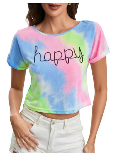 SweatyRocks Womens Tie Dye Letter Print Crop Top T Shirt,Muiticolor 1,Medium