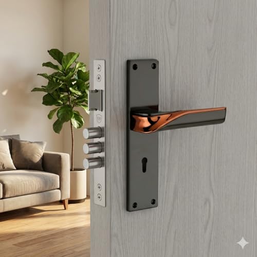 Image of 8 inch Zinc Mortise Lock Set with Door Handle, Black /Rose Gold Finish,Complete Lock Set with 3 Keys /Door Lock for Home, Living Room, MH-1020KY, Two Years Warranty