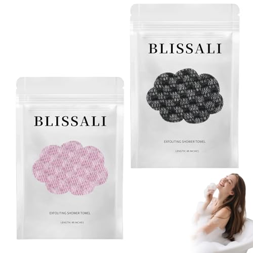 Blissal Exfoliating Shower Towel 2-in-1 Exfoliating Towel Premium Scrub Wash Cloth for Body Face Blissal exfoliatings Towels-Body Scrubber with 2 Sides for All Skin Types (Black+Pink)