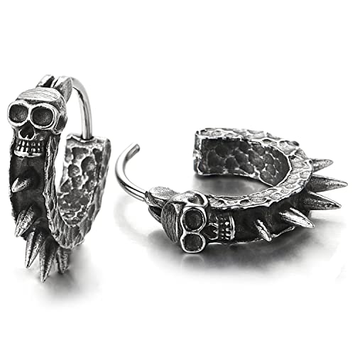 Stainless Steel Skull Hoop Earrings Spike Circle Huggie Hinged, for Men Women, 1 Pair