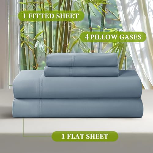 Shilucheng 100% Viscose Derived from Bamboo_ Sheets King Size 6pcs - Ultra Cooling & Silky Soft Bed Sheets, 16" Deep Pocket, Perfect for Hot Sleepers, Hotel Bedding Sheets (French Blue)